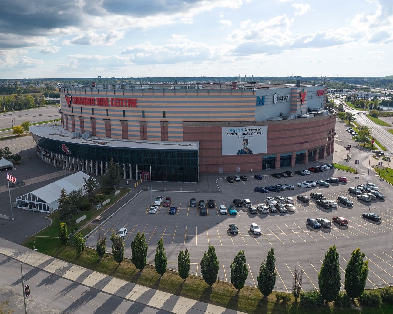 The Canadian Tire Centre arena in Kanata, Ottawa, seen from the air in October 2024